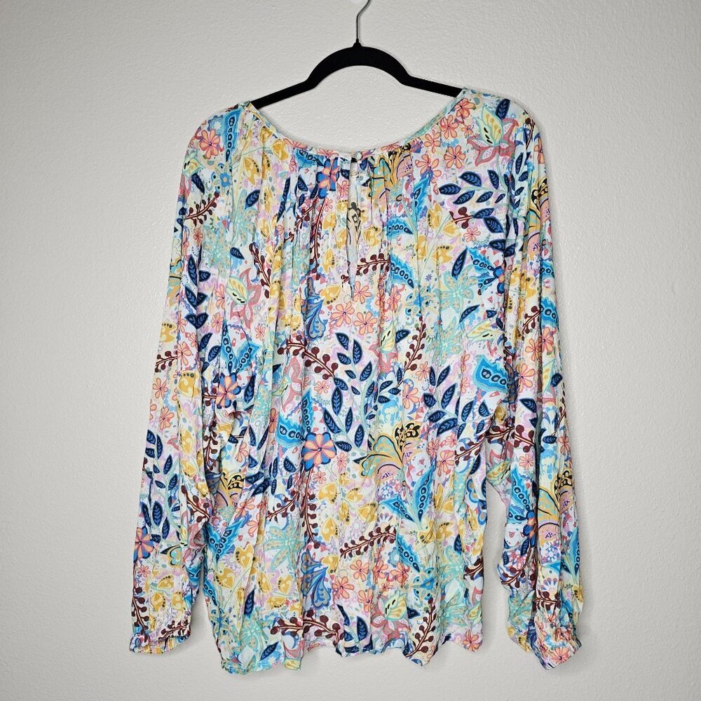 Tolani Collection Size Large Colorful Artsy Floral Long Puff Sleeve Blouse Top - Picture 7 of 8